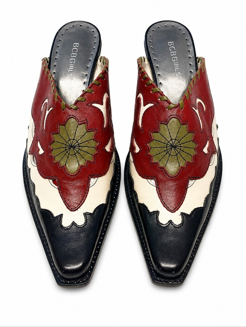 Y2K BCBG Leather Western Mules Slides Cowgirl Floral Applique Whip-Stitch 7.5 - Picture 3 of 13